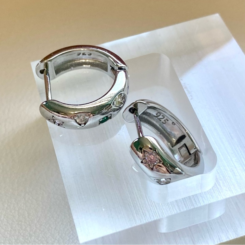 Silver Hoop Earrings with Green and Clear Gem Accents - Picture 2 of 3